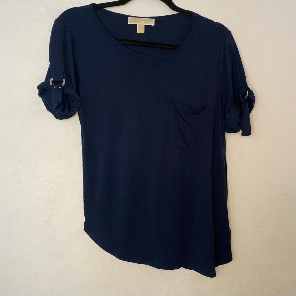 Michael Kors Navy Blue Short Sleeve T Shirt Asymmetrical Pocket Roll Tab Small S - Picture 2 of 10